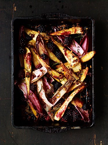 Roast parsnips with blackberries, honey, chicory and rye flakes