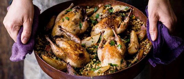 Roast partridge and cinnamon pears with warm barley and roots salad