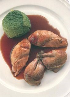 Roast partridge with an envelope of brown lentils