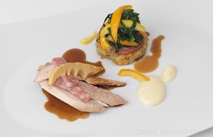 Roast partridge with cabbage, citrus, spiced sausage and bamboo
