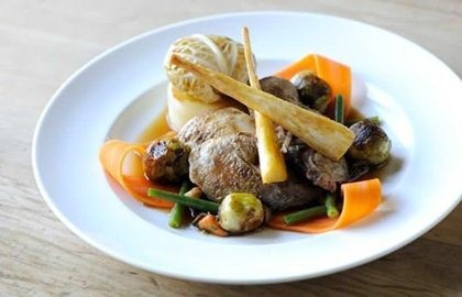 Roast partridge with seasonal vegetables and tarragon jus
