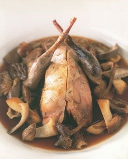 Roast partridges with their own toasts and wild mushrooms