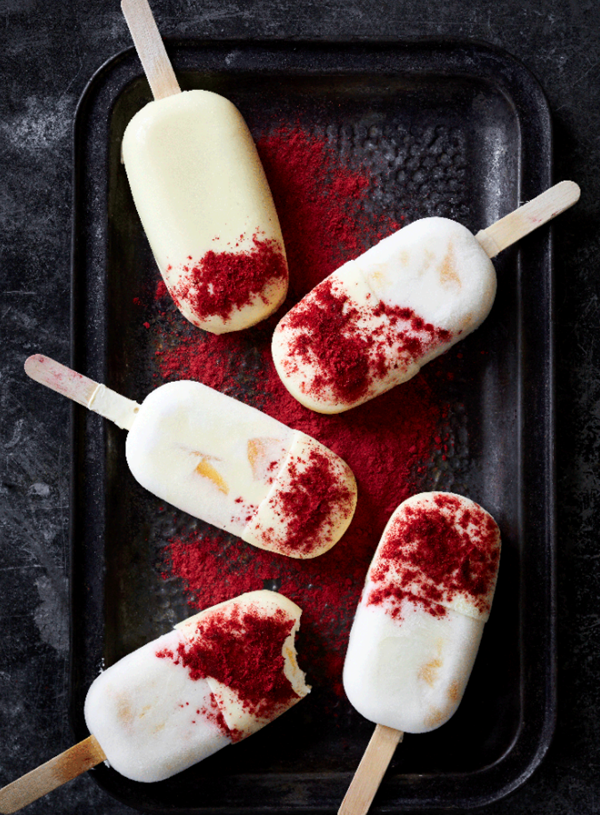 Roast peach, yoghurt and white chocolate popsicles with raspberry powder