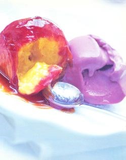Roast peaches or nectarines with blackberry ice-cream