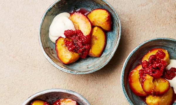 Roast peaches with kaffir lime, sabayon and raspberries