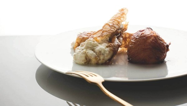 Roast peaches with loquat fool and ginger snaps