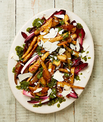 Roast pears and parsnips with watercress pesto