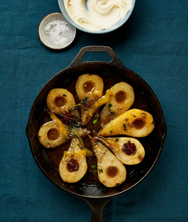 Roast pears with vanilla creme fraiche
