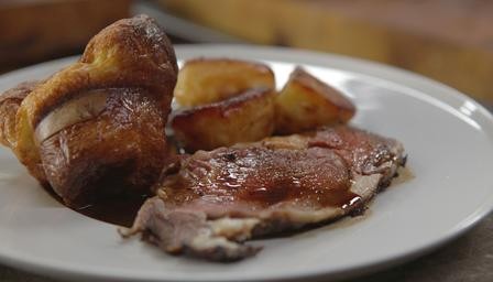 Roast peppered beef with bourbon mustard and all the trimmings