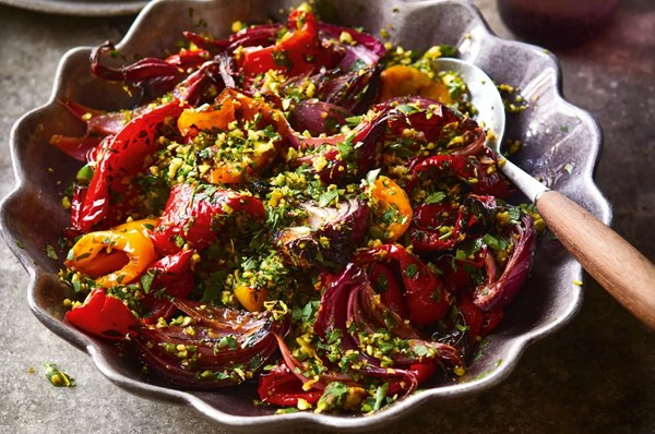 Roast peppers & onions with balsamic vinegar and pistachio gremolata