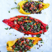 Roast peppers stuffed with herbs and lentils 
