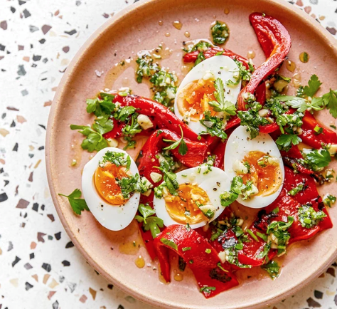 Roast peppers with 'jammy' eggs & almond & parsley dressing
