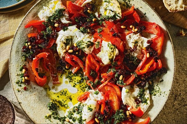 Roast peppers with mozzarella, pine nuts, currants & mint pesto