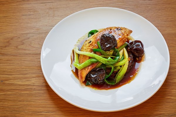 Roast pheasant, parsnip hash, baby leeks and prunes