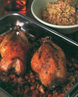 Roast pheasant with bacon-braised barley and a whisky cream sauce