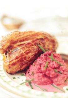 Roast pheasant with beetroot purée