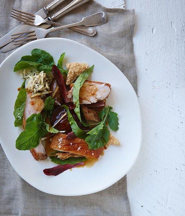 Roast pig with bitter greens, apple matchsticks and ham hock parsnips