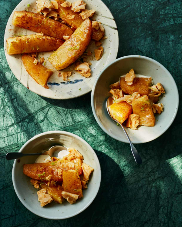 Roast pineapple with coconut brittle