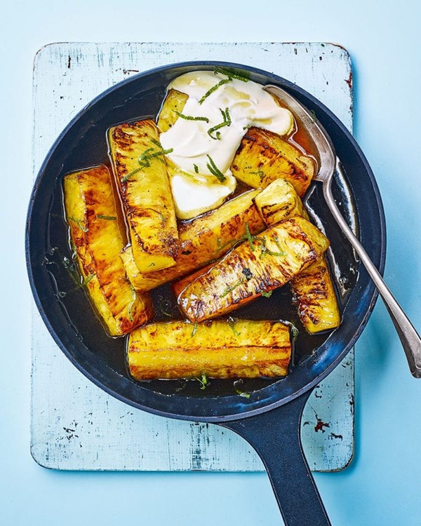 Roast pineapple with rum syrup and lime crème fraîche