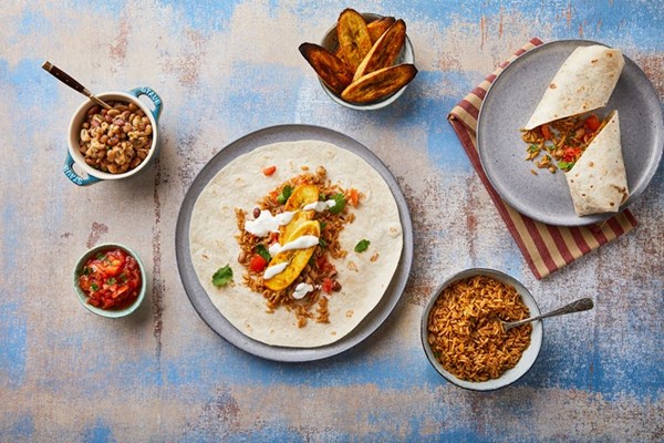  Roast plantain burrito with Mexican rice and mixed beans