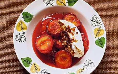 Roast plums with brown-sugar cream