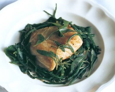 Roast pollack with seashore vegetables and oyster butter