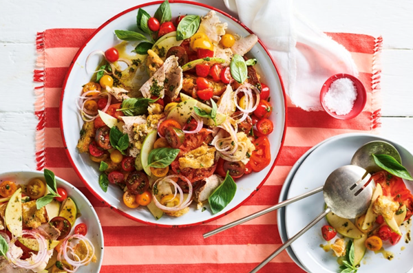 Roast pork, apple and tomato panzanella salad