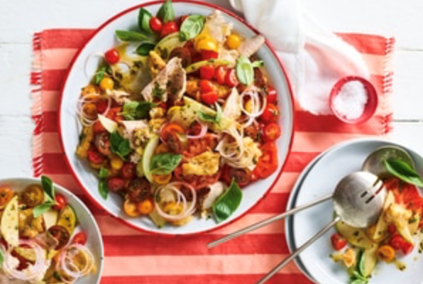 Roast pork, apple and tomato panzanella salad