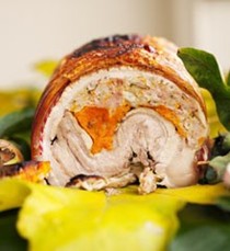 Roast pork belly with carrots and barley with cider gravy