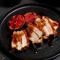 Roast pork belly with pink grapefruit and orange