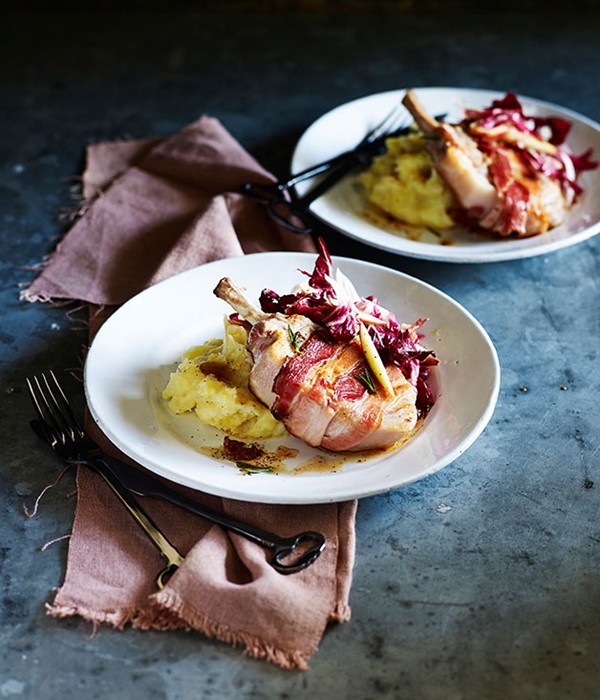 Roast pork cutlets with olive oil mash