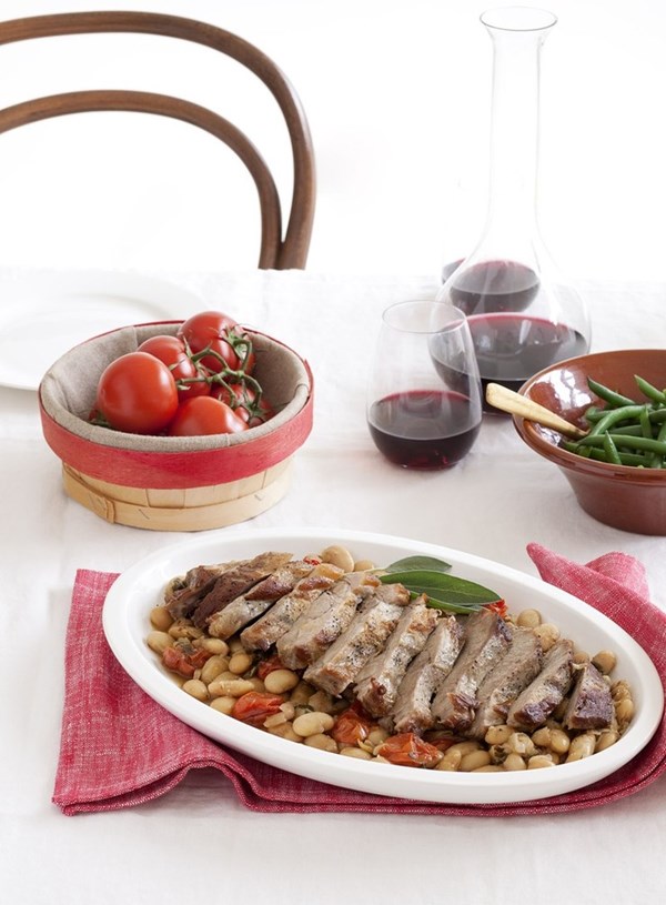 Roast pork fillet with butterbeans and sage