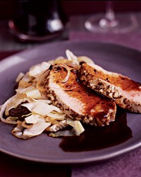 Roast pork loin with Armagnac-prune sauce