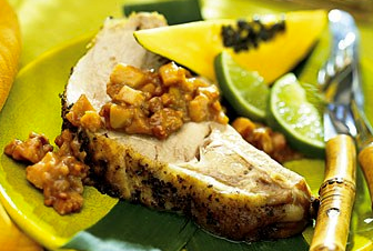 Roast pork loin with pickled caramelized guavas