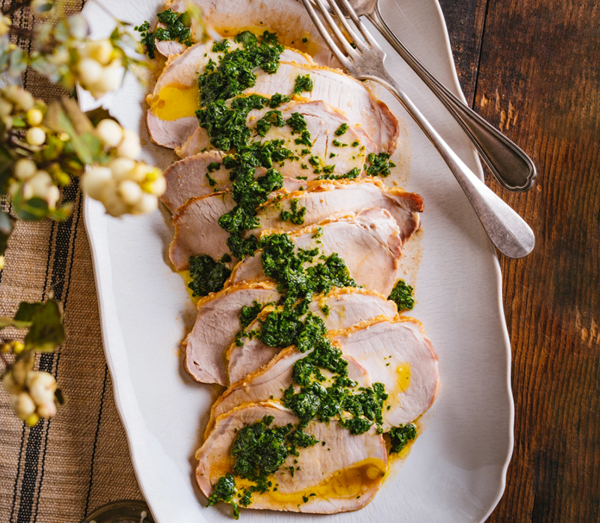 Roast pork loin with salsa verde