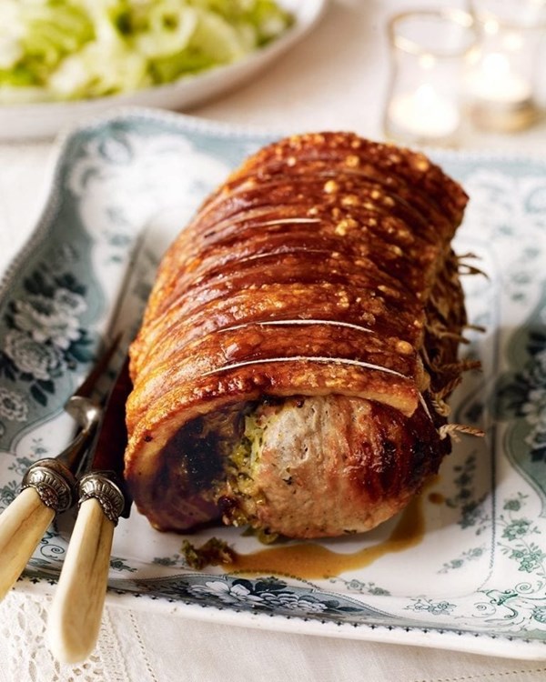 Roast pork loin with smoked ham and Gruyère stuffing