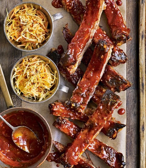 Roast pork ribs with sticky marmalade glaze