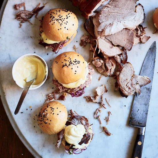 Roast pork sandwiches with three-cabbage slaw and aioli