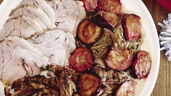 Roast pork Scotch fillet with fennel and plums