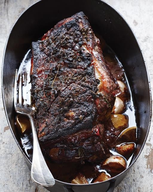 Roast pork shoulder with pear cider glaze
