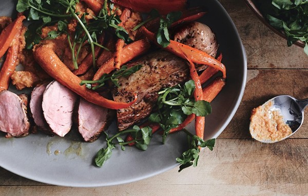 Roast pork tenderloin with carrot romesco
