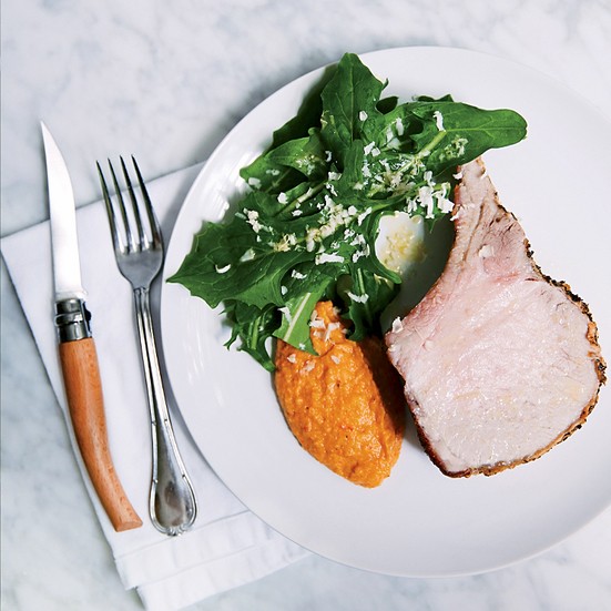 Roast pork with acorn squash romesco puree