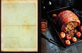 Roast pork with apple, apricot and pistachio stuffing