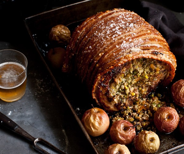 Roast pork with apple, apricot and pistachio stuffing