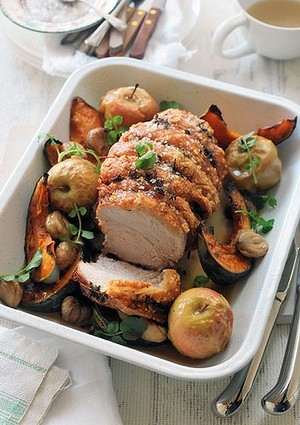 Roast pork with apples, pumpkin and chestnut gravy