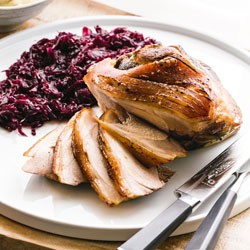 Roast pork with braised red cabbage and horseradish and sour cream mash