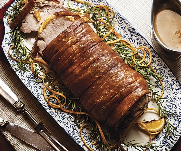 Roast pork with crisp crackling and red currant gravy