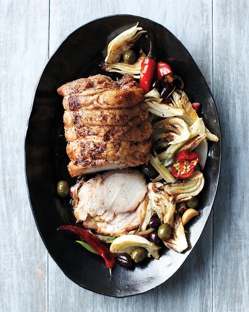 Roast pork with fennel, chiles, and olives