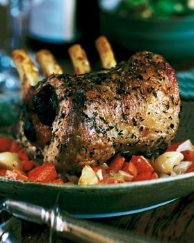 Roast pork with fruit stuffing and mustard sauce