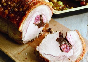 Roast pork with gooseberries and black pudding